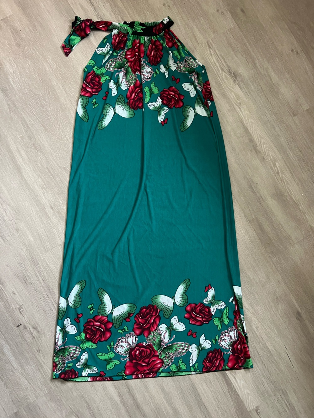 Teal Maxi Dress Tie Halter with Red Rose & White Butterfly Print Lg